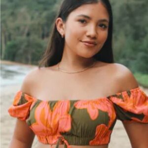 Vibrant Orange and Green Puff Sleeve Crop Top